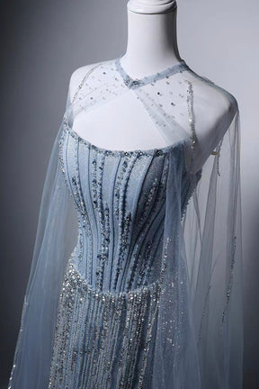 Elegant Light Blue Beaded Mermaid Gown with Detachable Tulle Cape