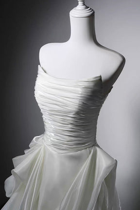 Ivory Strapless Ruched Satin A-Line Wedding Gown with Asymmetrical Draped Skirt