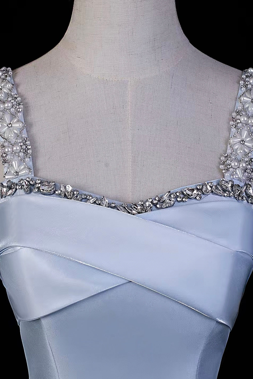 Light Blue Satin A-Line Midi Dress with Crystal & Pearl Embellished Square Neck