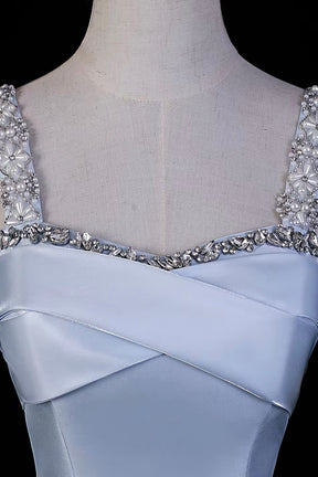 Light Blue Satin A-Line Midi Dress with Crystal & Pearl Embellished Square Neck