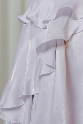 Lilac Iridescent Spaghetti Strap Gown with Cascading Ruffles & Asymmetrical Skirt – Romantic Style