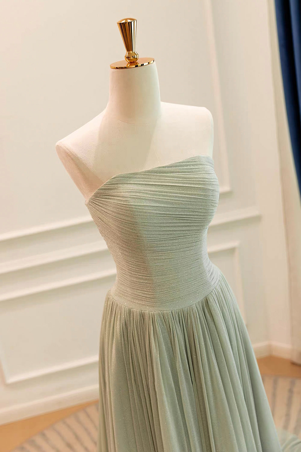 Sage Green Shimmer Strapless Pleated Gown with Ruched Bodice