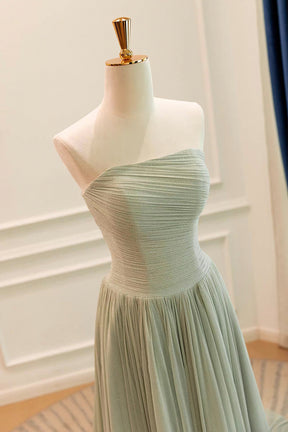 Sage Green Shimmer Strapless Pleated Gown with Ruched Bodice