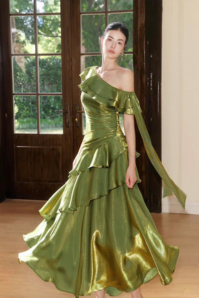 Olive Green Metallic One-Shoulder Evening Party Gown with Ruffles