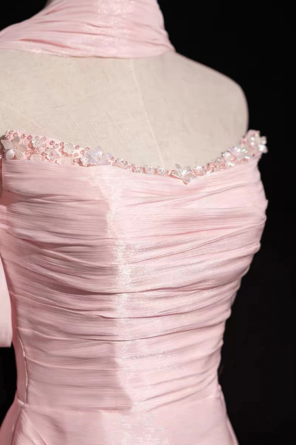 Pink Shimmer Off-Shoulder Evening Gown with Cape