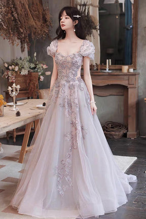 Lilac Grey Square Neck Bubble Sleeve Tulle Gown with Sequin Embroidery