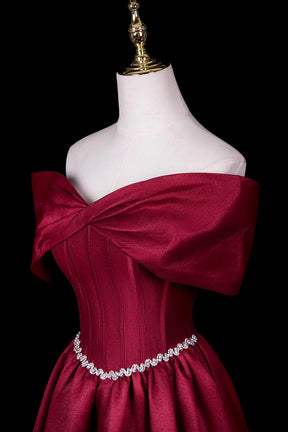 Burgundy Satin Off-Shoulder Ball Gown with Crystal Waistline
