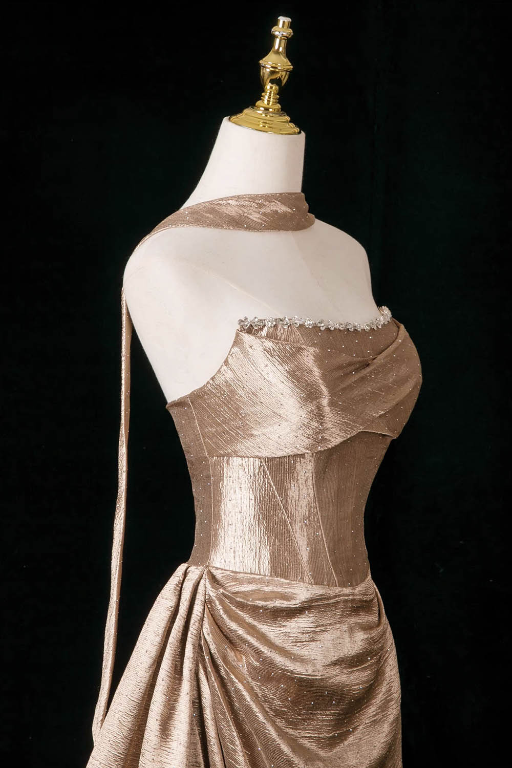 Champagne Gold Metallic Strapless Gown with Neck Ribbon – Shimmering Evening Dress