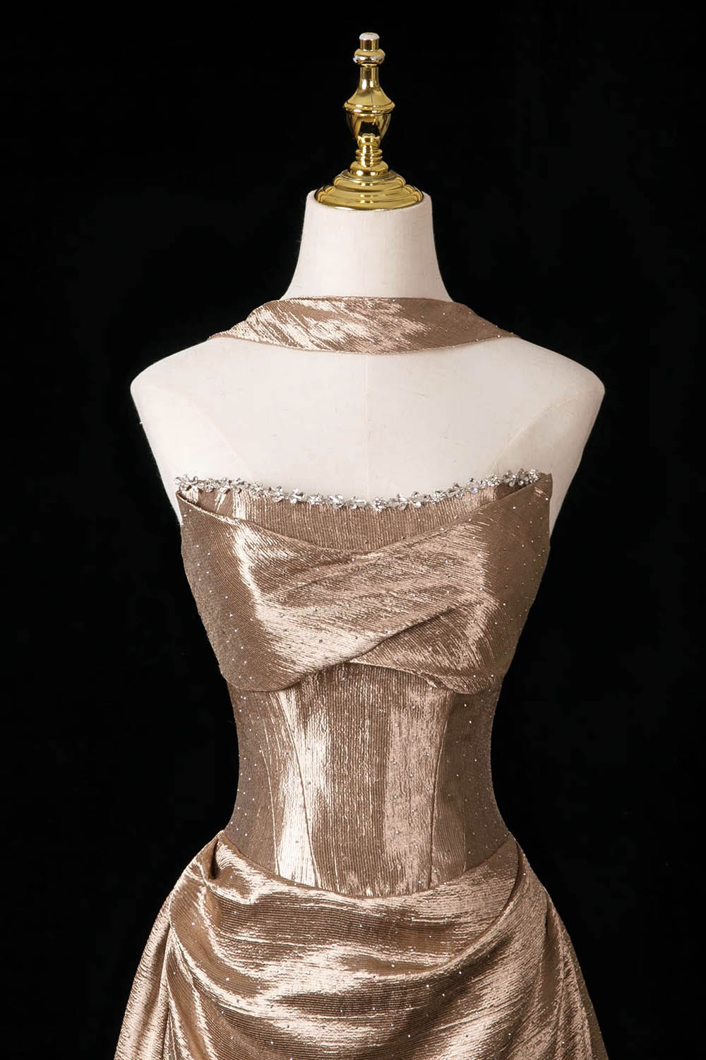 Champagne Gold Metallic Strapless Gown with Neck Ribbon – Shimmering Evening Dress