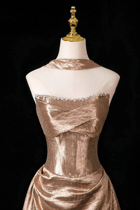 Champagne Gold Metallic Strapless Gown with Neck Ribbon – Shimmering Evening Dress