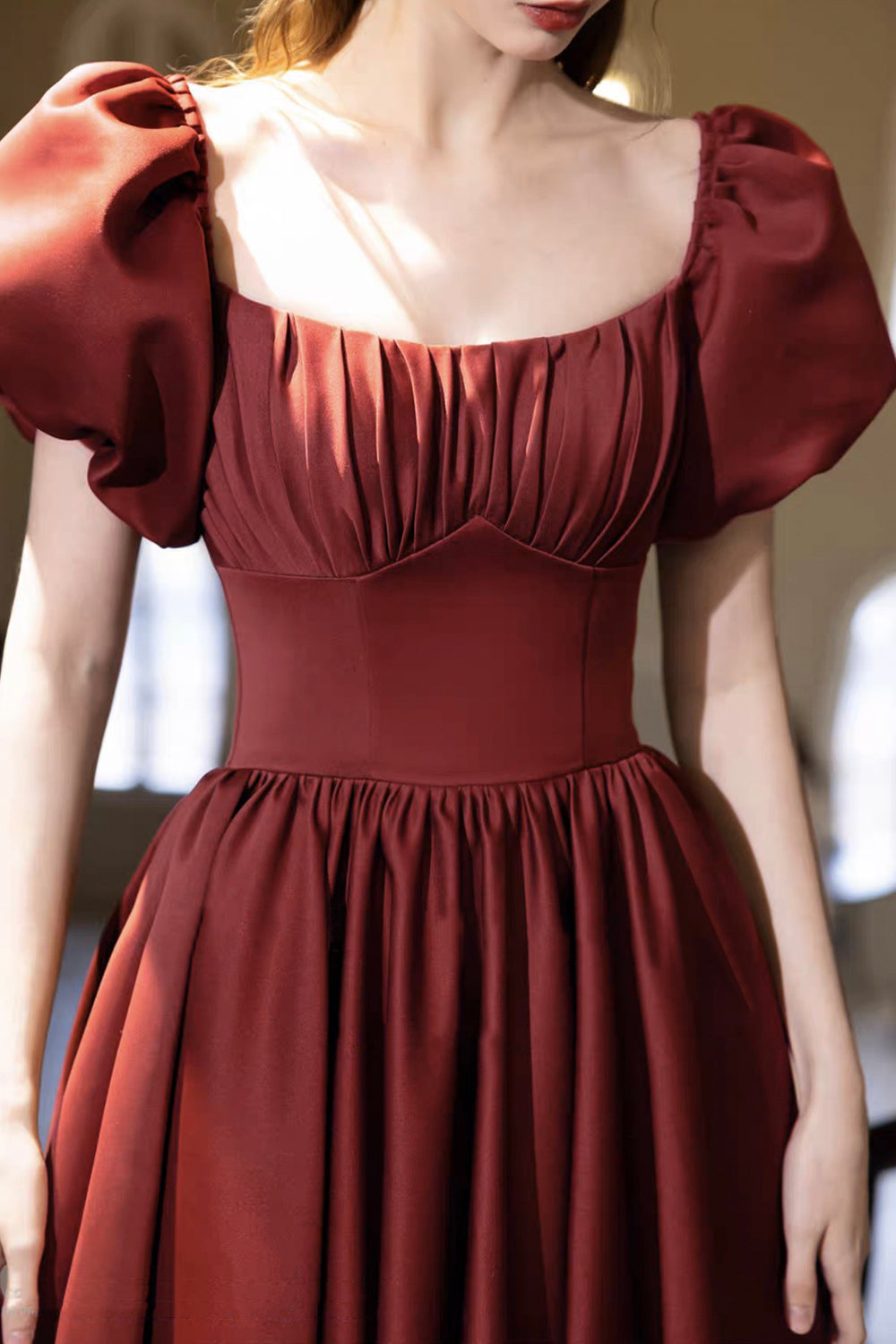 Burgundy Satin Square Neck Ball Gown with Puff Sleeves & Corset Back