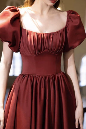 Burgundy Satin Square Neck Ball Gown with Puff Sleeves & Corset Back