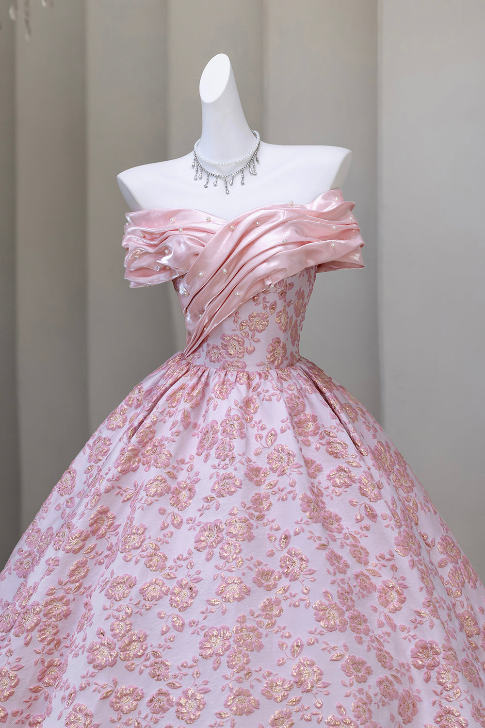 Pink Floral Jacquard Ball Gown with Ruched Off-Shoulder Neckline