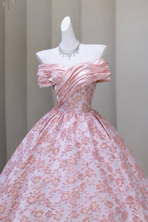 Pink Floral Jacquard Ball Gown with Ruched Off-Shoulder Neckline