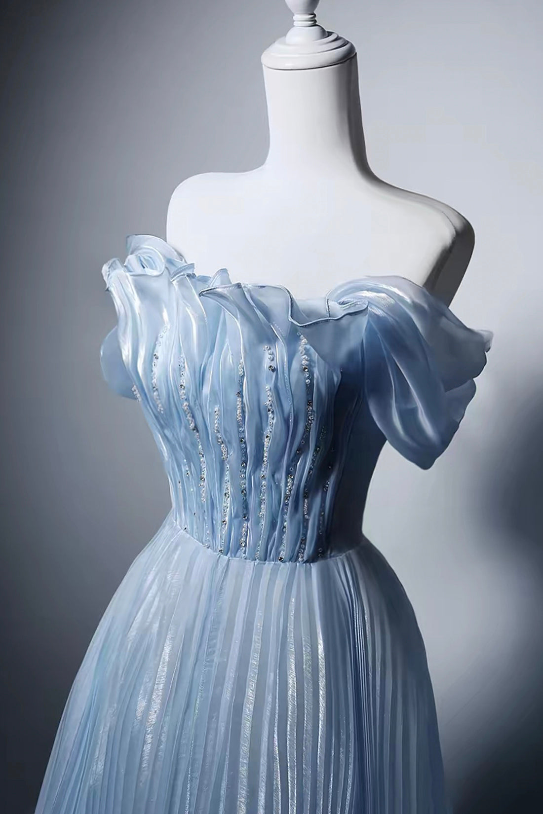 Light Blue Off-Shoulder Beaded Waist Pleated Gown with Ruffled Shoulders