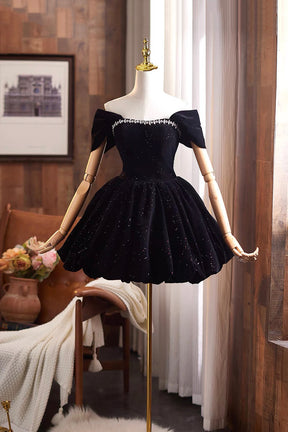 Black Velvet Off-Shoulder Short Party Dress with Crystal Neckline