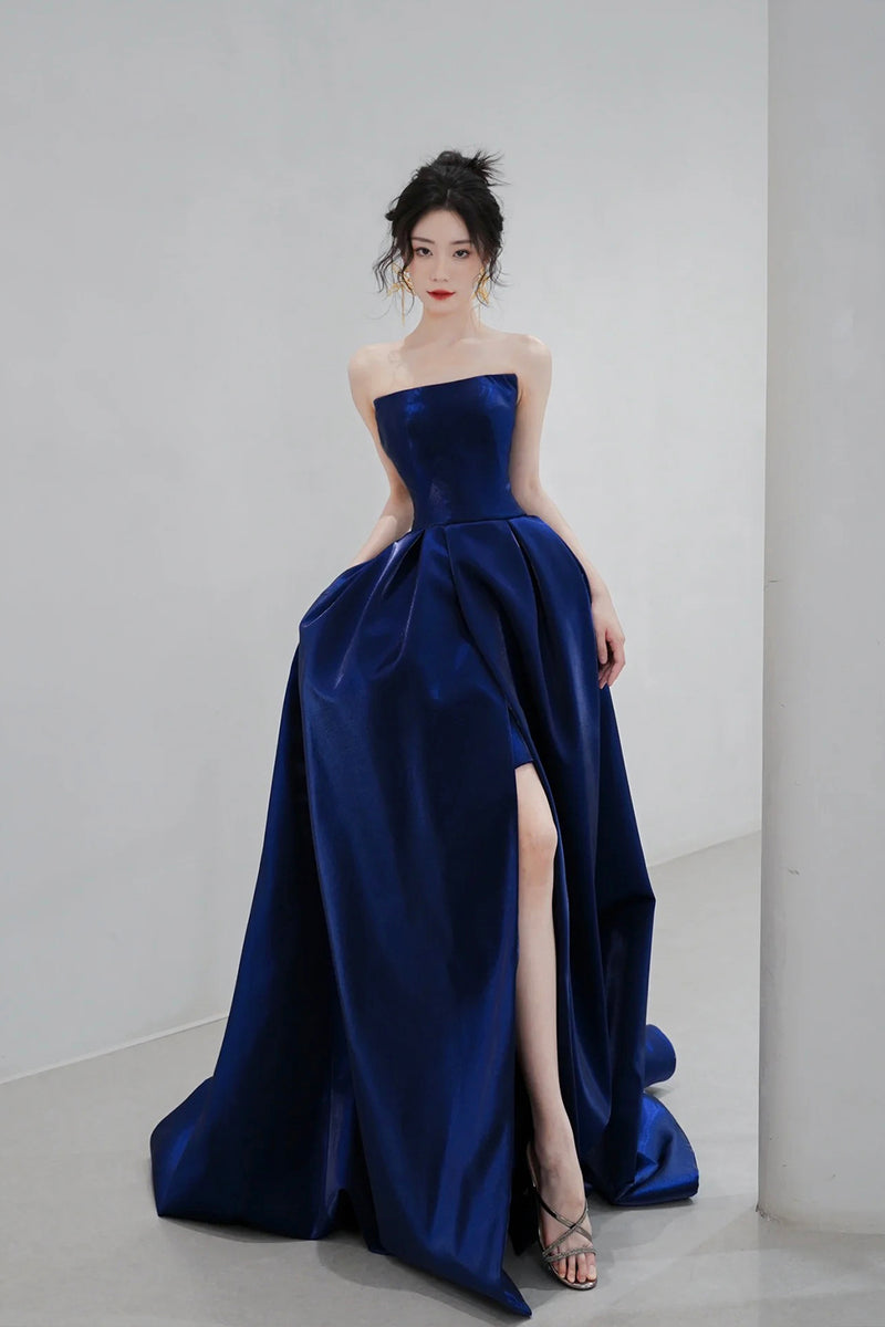 Blue A-line Long Formal Dress with Short Sleeves main image 1