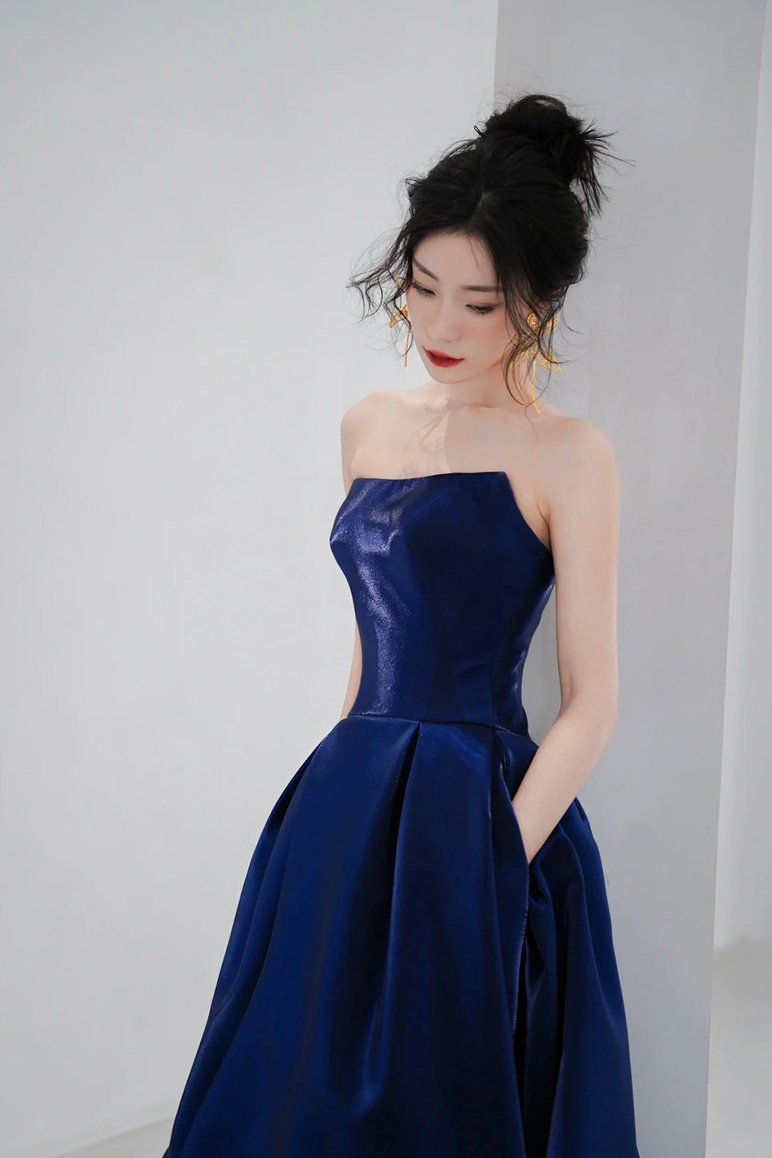 Blue Satin Long A-Line Prom Dress, Simple Blue Evening Dress Formal Dress