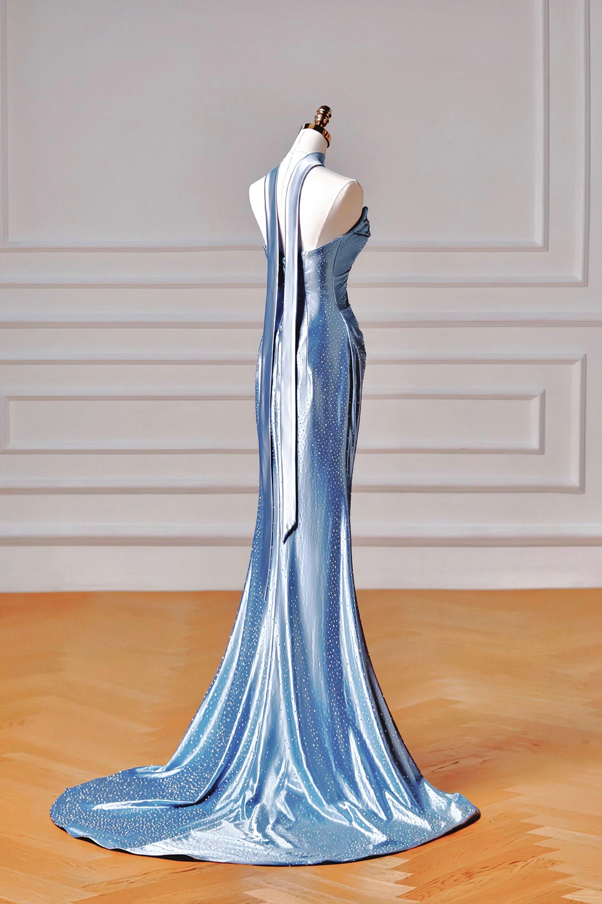 Ice Blue Off Shoulder Satin Mermaid Gown | Beaded Prom Dress