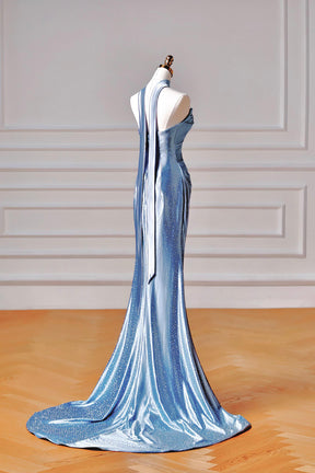 Ice Blue Off Shoulder Satin Mermaid Gown | Beaded Prom Dress