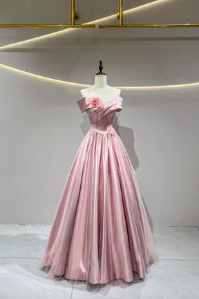 Lovely Pink Satin Long Prom Dresses, A-Line Off the Shoulder Formal Party Dresses