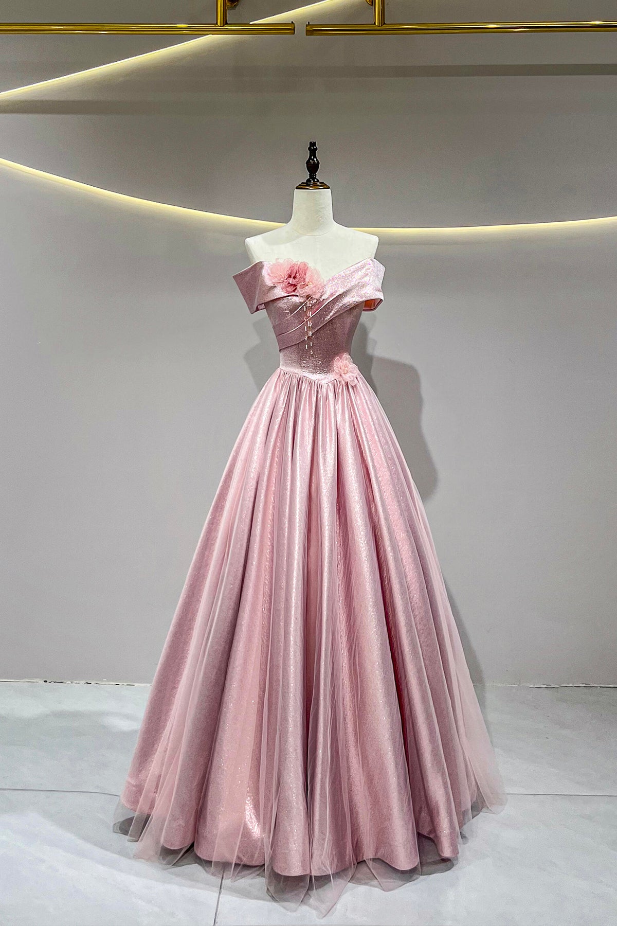 Lovely Pink Satin Long Prom Dresses, A-Line Off the Shoulder Formal Party Dresses