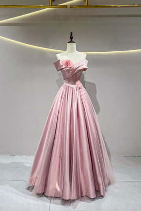 Lovely Pink Satin Long Prom Dresses, A-Line Off the Shoulder Formal Party Dresses