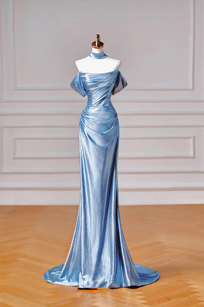 Ice Blue Off Shoulder Satin Mermaid Gown | Beaded Prom Dress