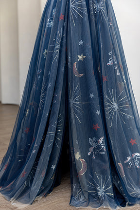 Navy Blue Celestial Embroidered Tulle Prom Dress with Corset Bodice & Bow Straps