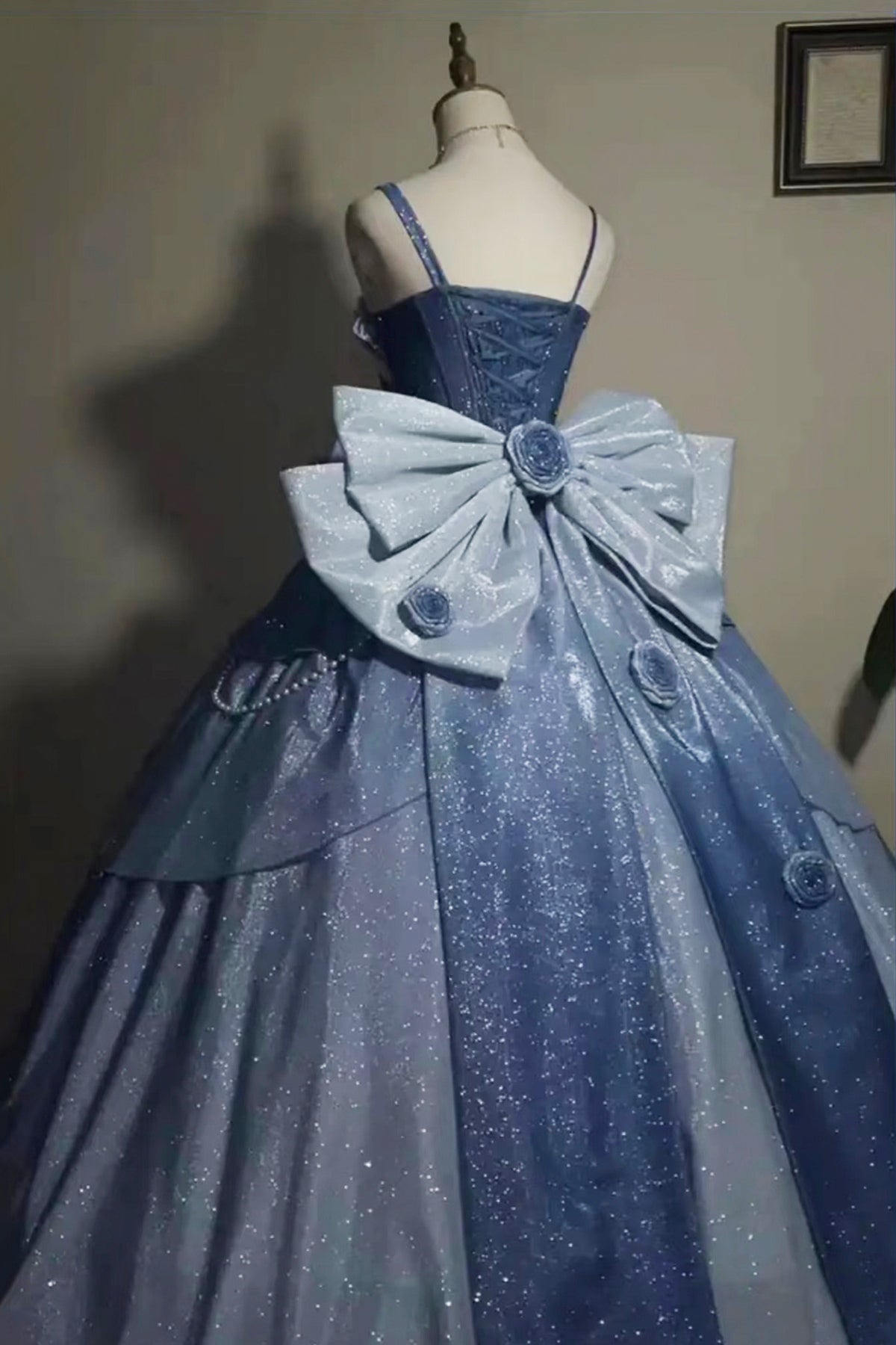 Dreamy Blue Ombre Ball Gown with Giant Bow - Sparkle Corset Prom Dress with Pearl Details