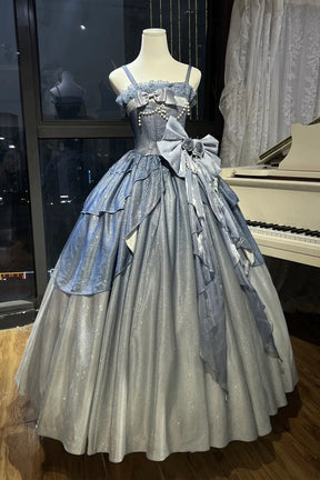 Dreamy Blue Ombre Ball Gown with Giant Bow - Sparkle Corset Prom Dress with Pearl Details