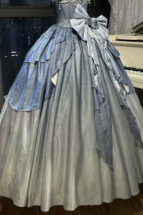 Dreamy Blue Ombre Ball Gown with Giant Bow - Sparkle Corset Prom Dress with Pearl Details