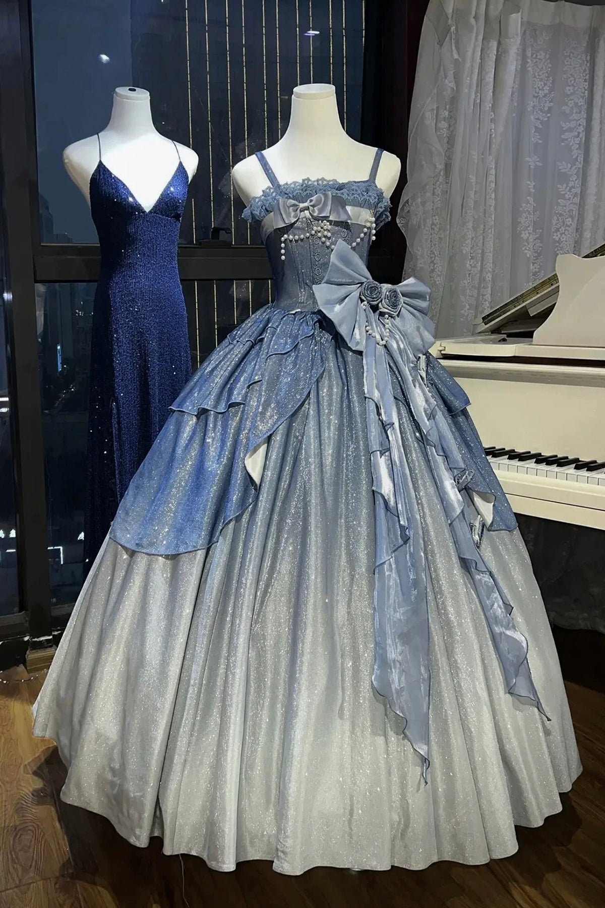 Dreamy Blue Ombre Ball Gown with Giant Bow - Sparkle Corset Prom Dress with Pearl Details