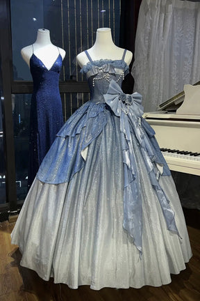 Dreamy Blue Ombre Ball Gown with Giant Bow - Sparkle Corset Prom Dress with Pearl Details
