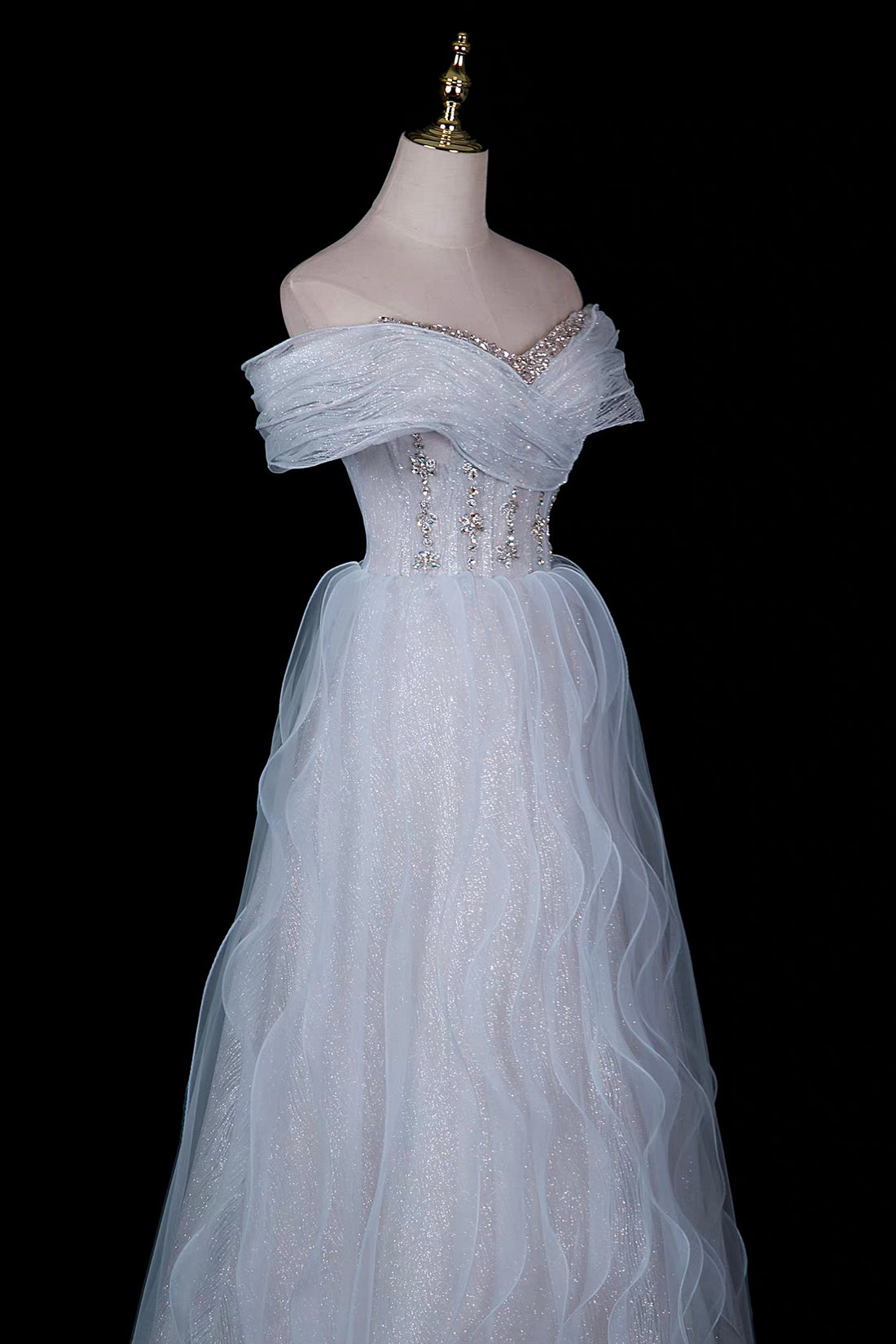 Light Blue Off-Shoulder Beaded Waist Tulle Evening Gown with Ruffled Skirt