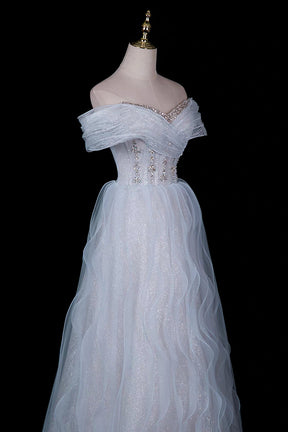 Light Blue Off-Shoulder Beaded Waist Tulle Evening Gown with Ruffled Skirt