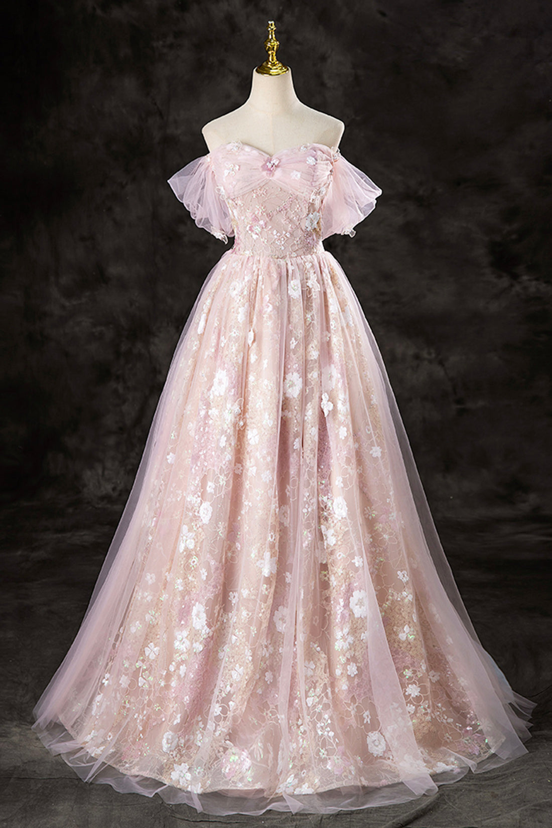 Lovely A-Line Off the Shoulder Sequins Prom Dress, Pink Tulle Corset Floor Length Evening Dress