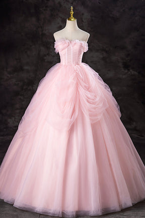 Pink Strapless Tulle Floor Length Prom Dress, Lovely A-Line Evening Party Dress