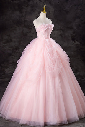 Pink Strapless Tulle Floor Length Prom Dress, Lovely A-Line Evening Party Dress