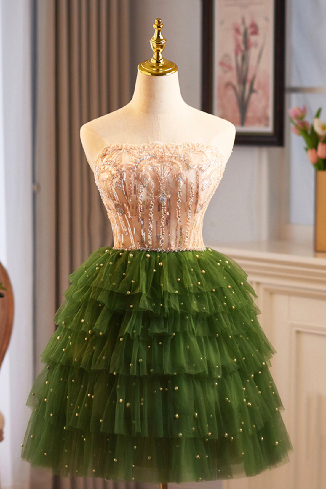 Green A-Line Tulle Sequins Knee Length Party Dress, Lovely Strapless Prom Evening Dress