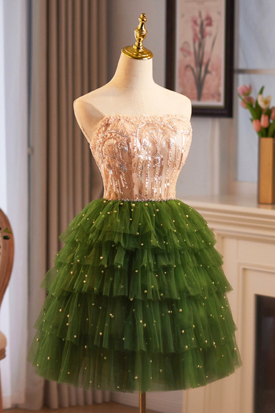 Green A-Line Tulle Sequins Knee Length Party Dress, Lovely Strapless Prom Evening Dress