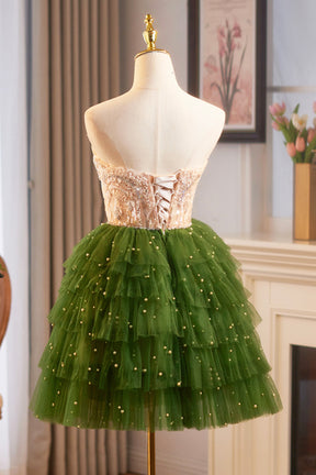 Green A-Line Tulle Sequins Knee Length Party Dress, Lovely Strapless Prom Evening Dress