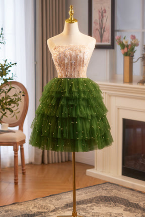 Green A-Line Tulle Sequins Knee Length Party Dress, Lovely Strapless Prom Evening Dress