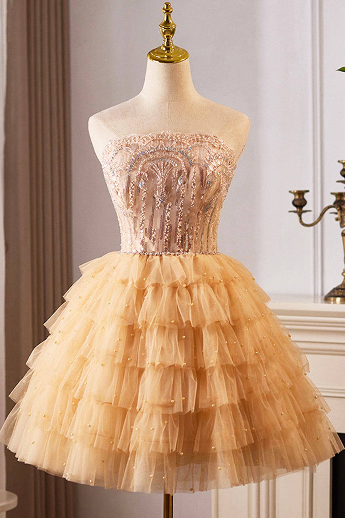 A-Line Tulle Sequins Knee Length Party Dress, Lovely Strapless Prom Evening Dress