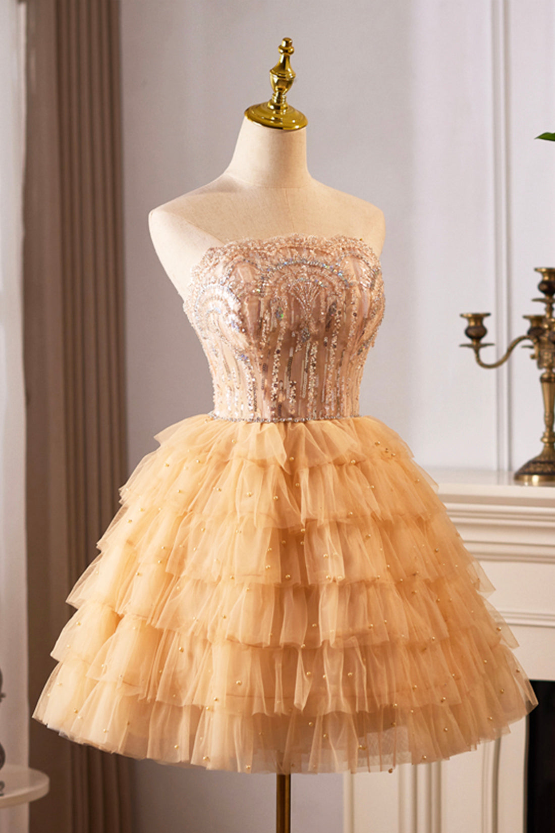 A-Line Tulle Sequins Knee Length Party Dress, Lovely Strapless Prom Evening Dress