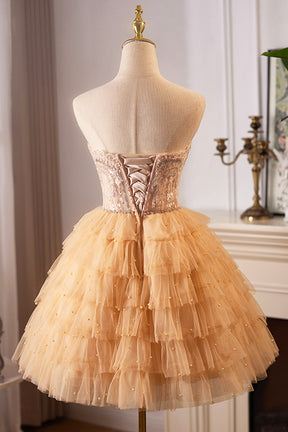 A-Line Tulle Sequins Knee Length Party Dress, Lovely Strapless Prom Evening Dress