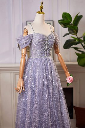 Lovely A-Line Tulle Sequins Floor Length Prom Dress, Off the Shoulder Evening Party Dress