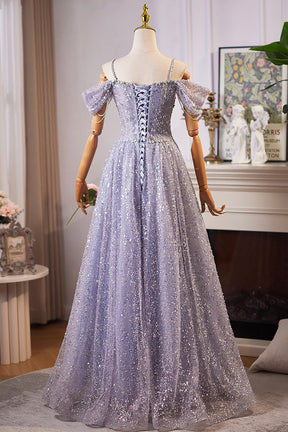 Lovely A-Line Tulle Sequins Floor Length Prom Dress, Off the Shoulder Evening Party Dress