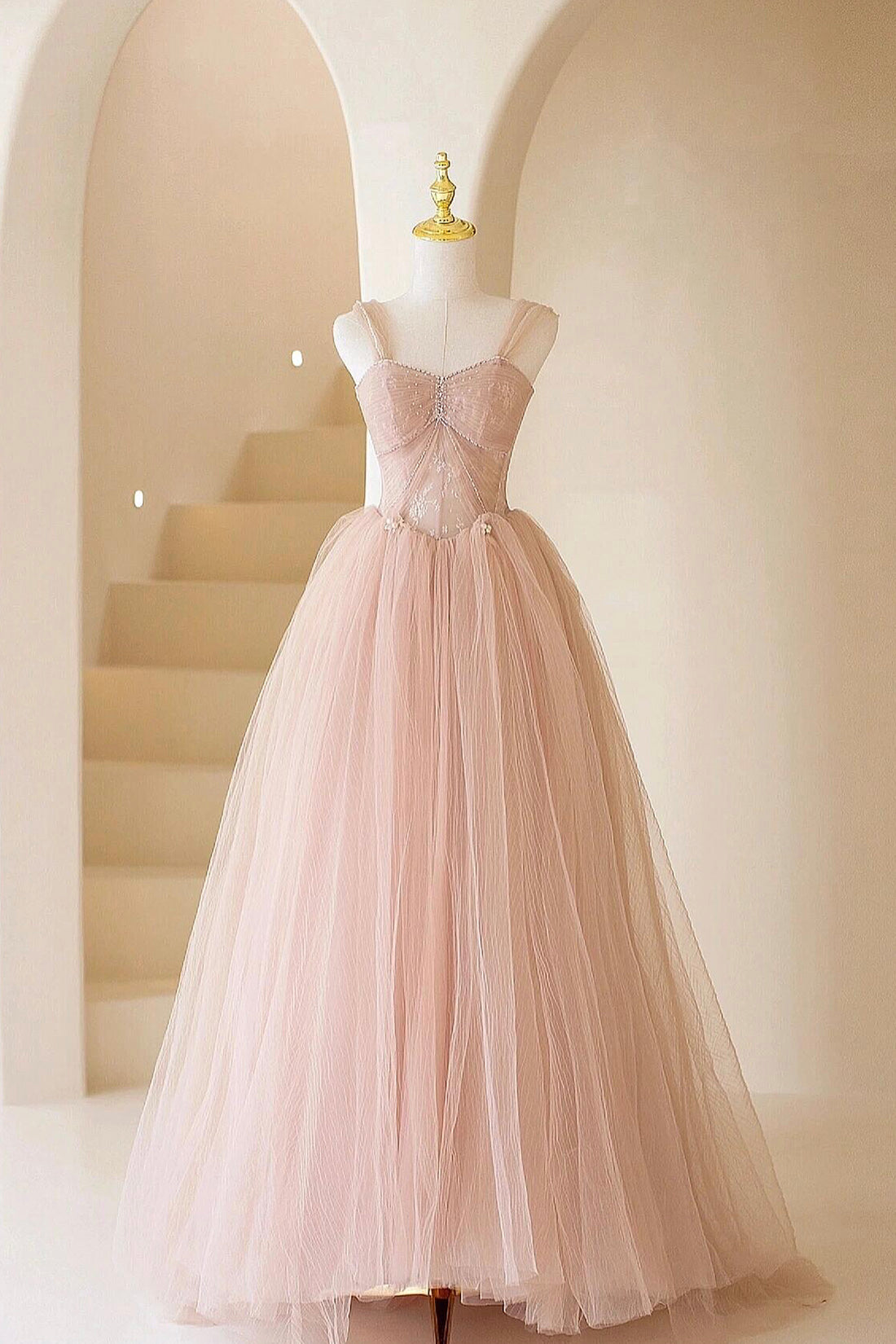 Pink Tulle Lace Long Formal Dress, Beautiful A-Line Off Shoulder Pink Prom Dress