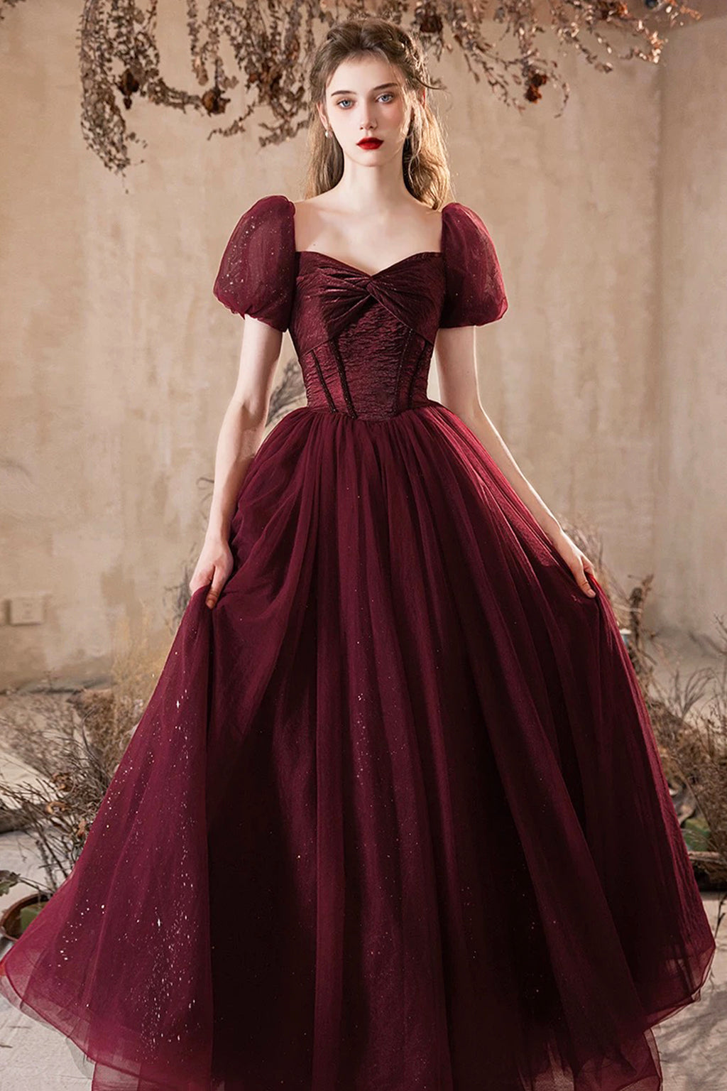 Burgundy Shiny Tulle Long Prom Dress, Beautiful A-Line Evening Party D